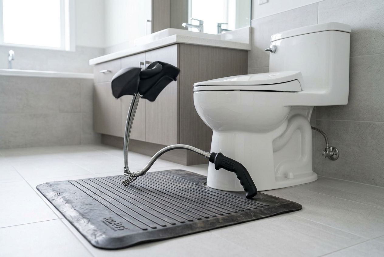 Professional plumbing technician using heavy-duty auger snake to clear clogged toilet drain