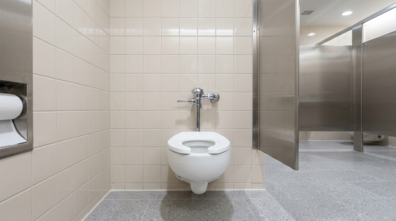 Commercial plumbing technician servicing restroom Sloan flushometer valve and fixtures