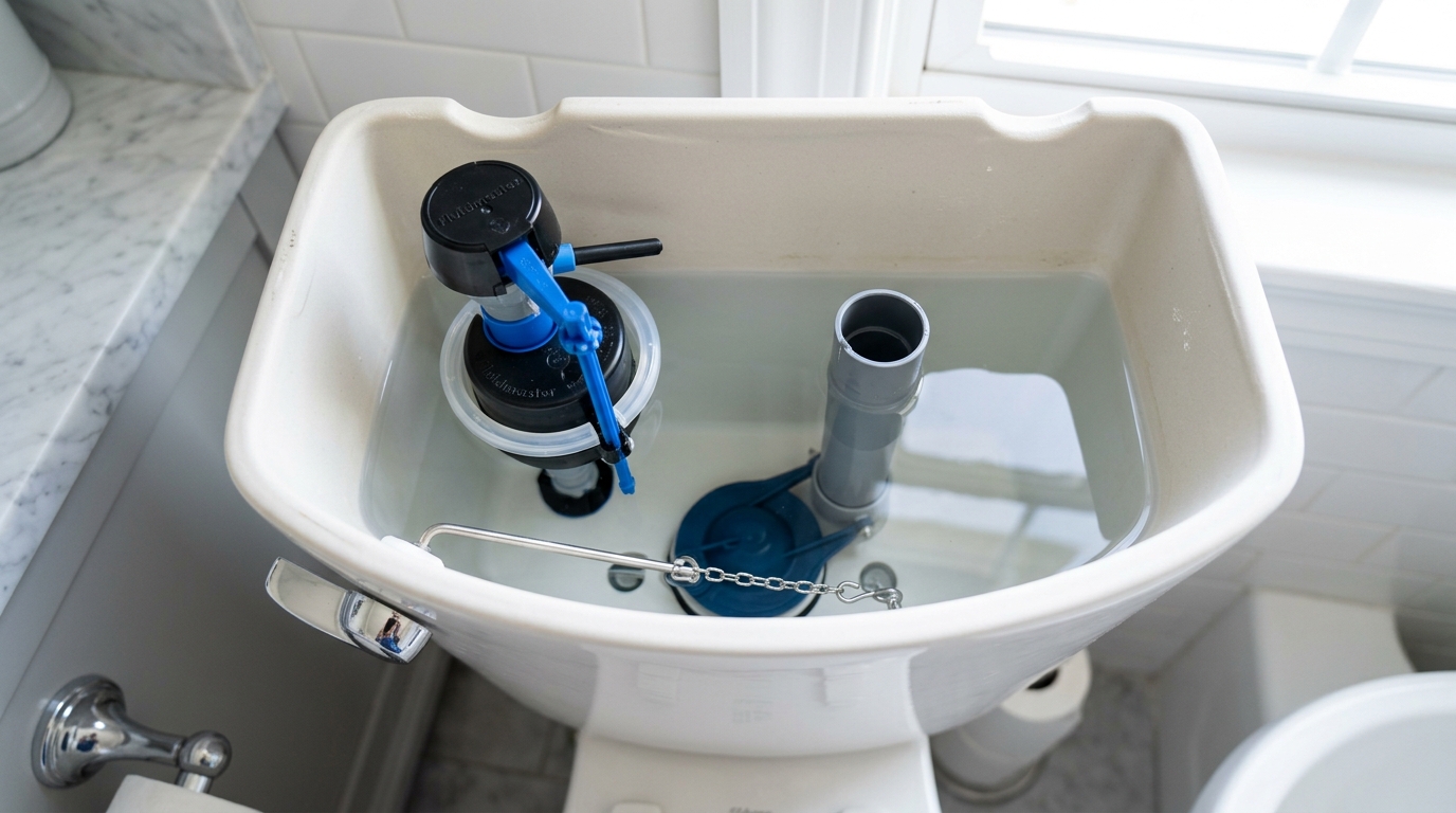 Plumbing specialist adjusting fill valve and float arm to fix continuously running toilet