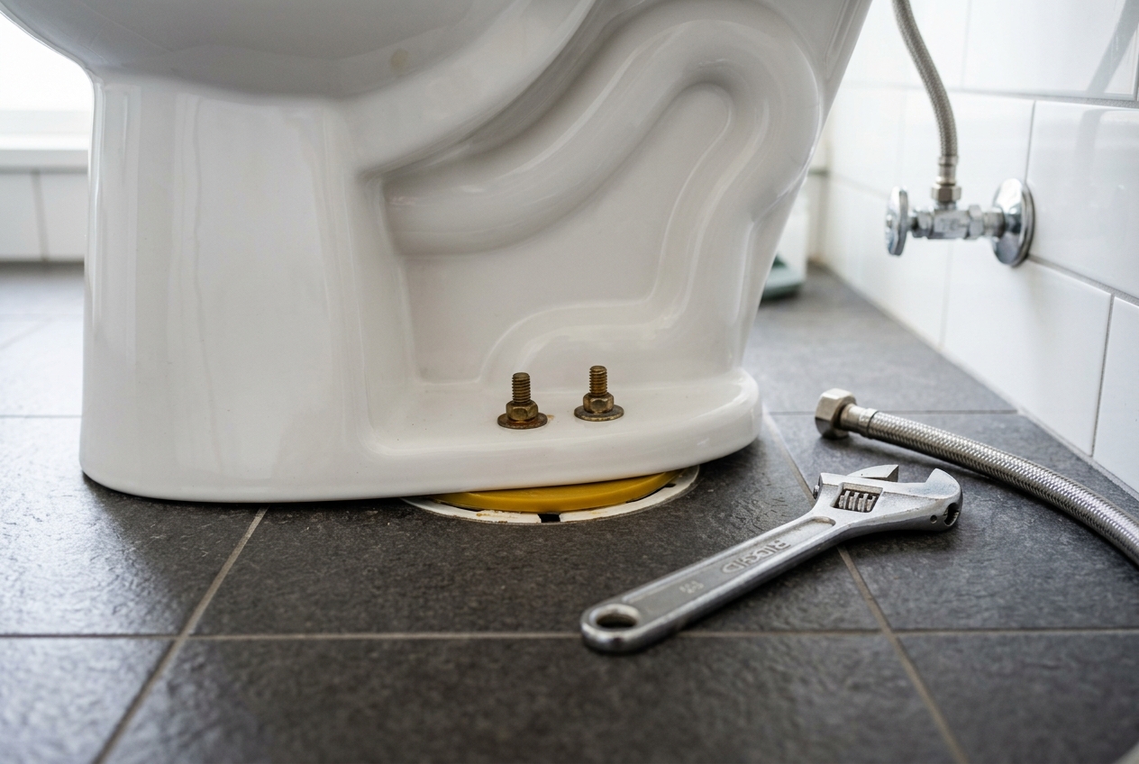 Licensed plumber inspecting base wax ring and shutoff water valve toilet leak