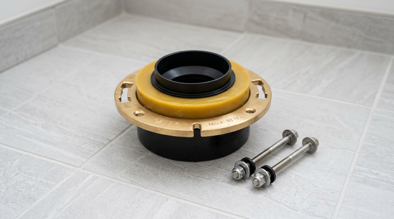 Plumber repairing broken toilet flange and installing new wax ring seal on bathroom floor